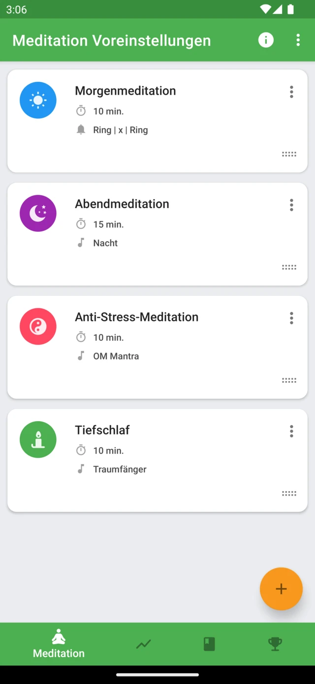 Gespeicherte Meditationen in Medativo mit jeweils eigener Dauer und eigenen Klängen