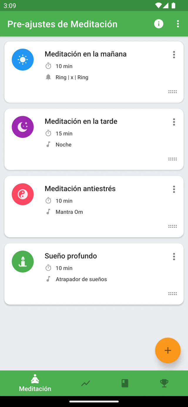 Meditaciones guardadas en Medativo, cada una con su duración y sus sonidos