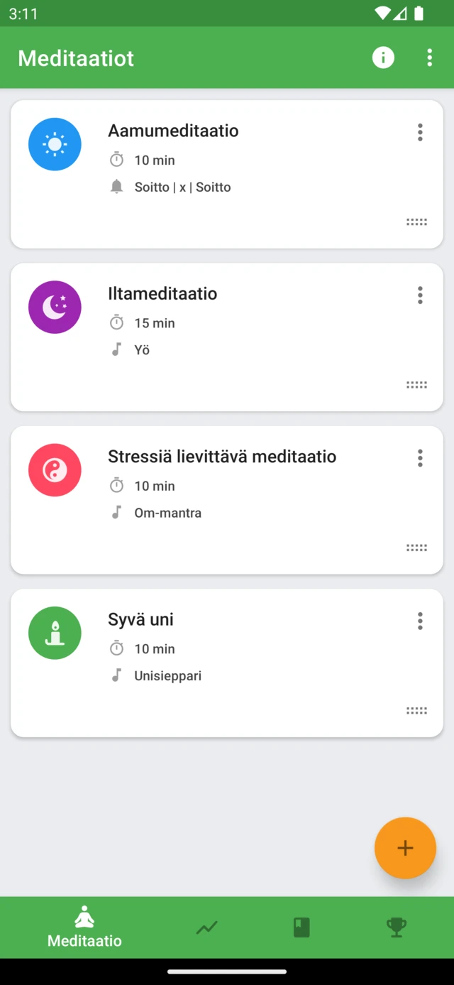 Tallennetut Medativo-meditaatiot, joilla on omat kestot ja äänet