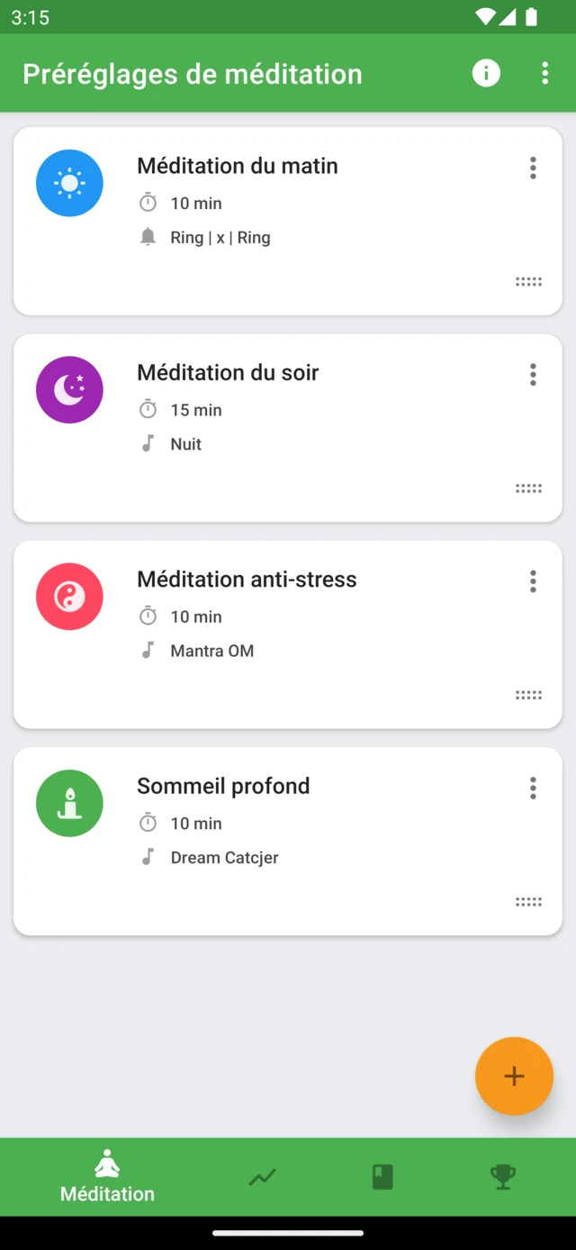 Méditations enregistrées dans Medativo, avec leur durée et leurs sons