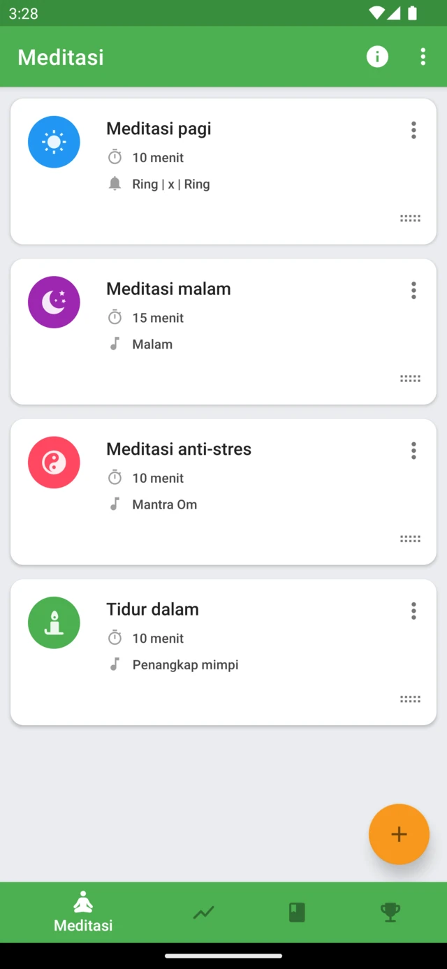 Daftar sesi meditasi tersimpan di Medativo dengan durasi dan suara masing-masing