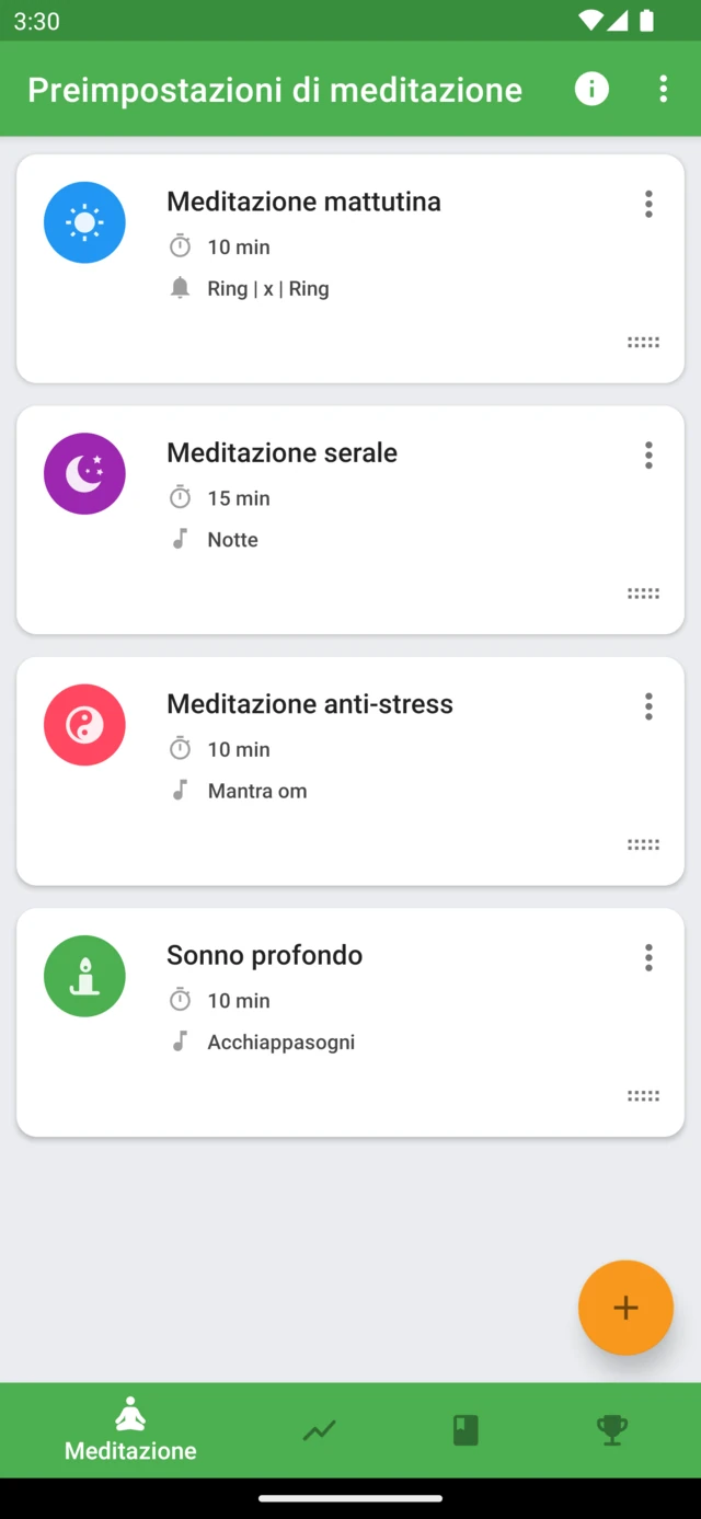 Sessioni di meditazione salvate in Medativo con durate e suoni diversi