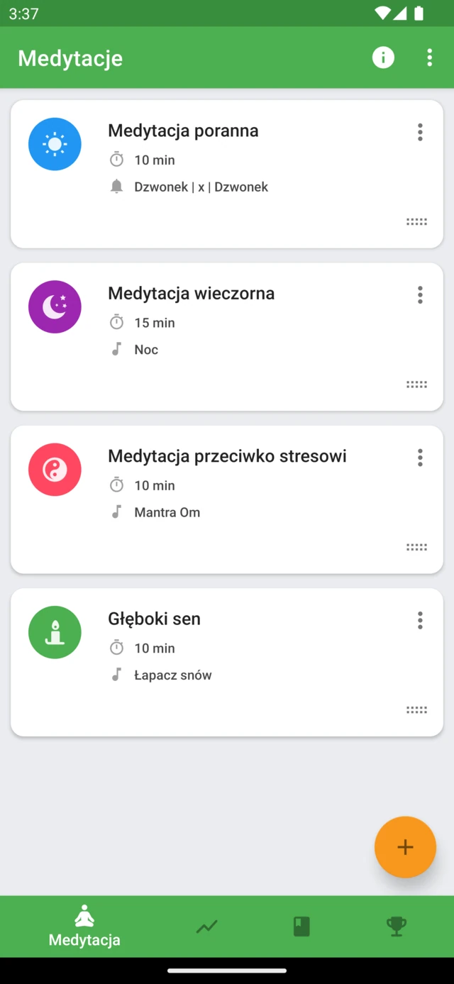 Zapisane sesje medytacji w Medativo z własnym czasem trwania i dźwiękami