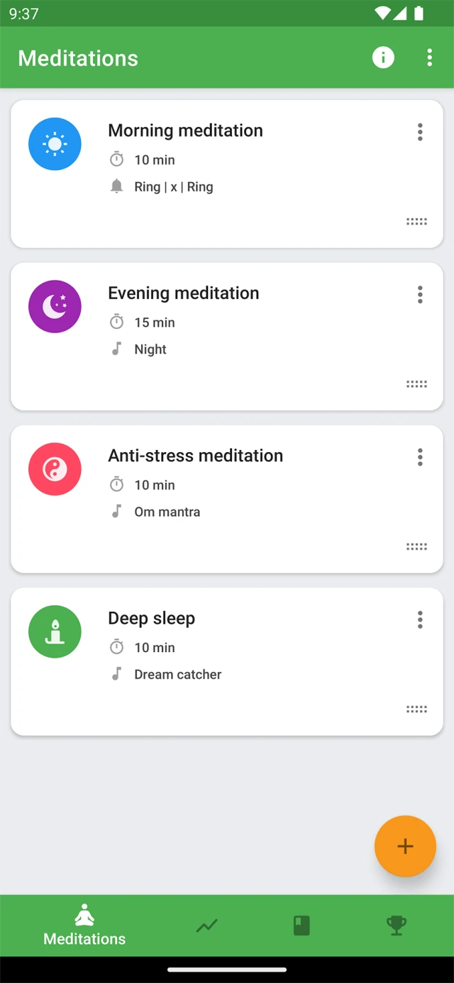 Saved Medativo meditation sessions with individual durations and sounds
