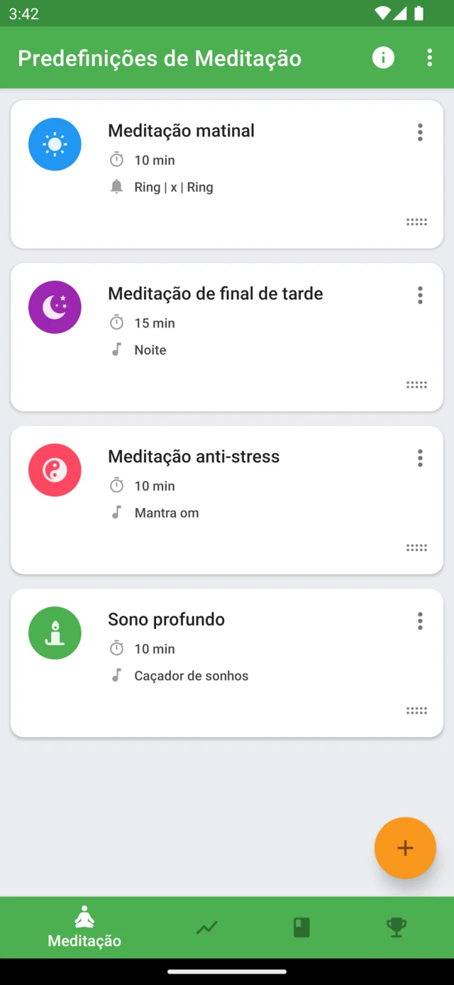 Meditações salvas no Medativo, cada uma com sua duração e seus sons