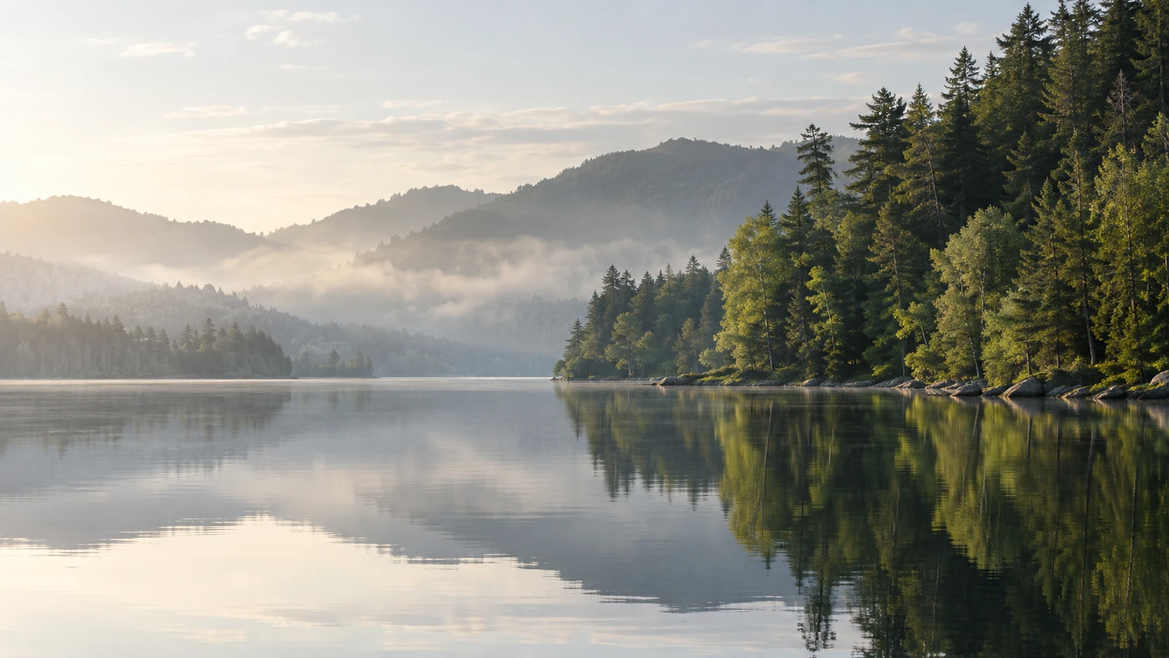 A still lake and forest in soft morning mist