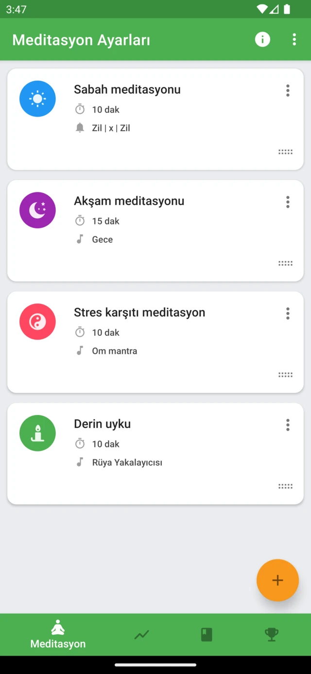 Süreleri ve sesleri ayrı ayrı belirlenmiş, kaydedilmiş Medativo meditasyon seansları